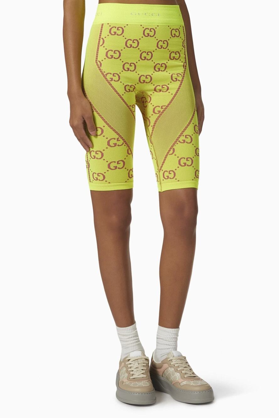 GUCCI NWT Fluo Yellow GG Monogram Jacquard Cycling Biker Shorts Size Small